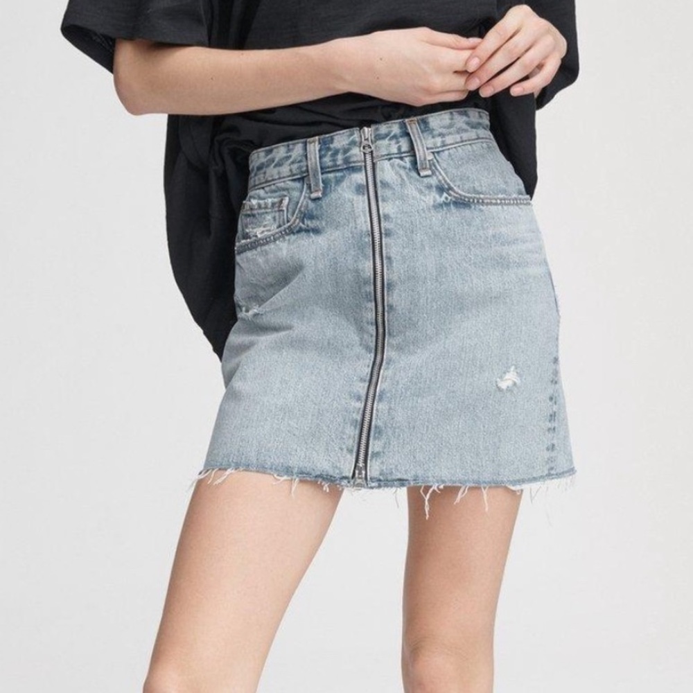 Rag & Bone Anna Denim Raw Hem Front Zipper Skirt